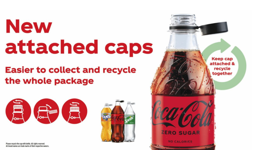 Botellas con tapas atadas al envase, la nueva propuesta de Coca-Cola para reducir su huella de plástico